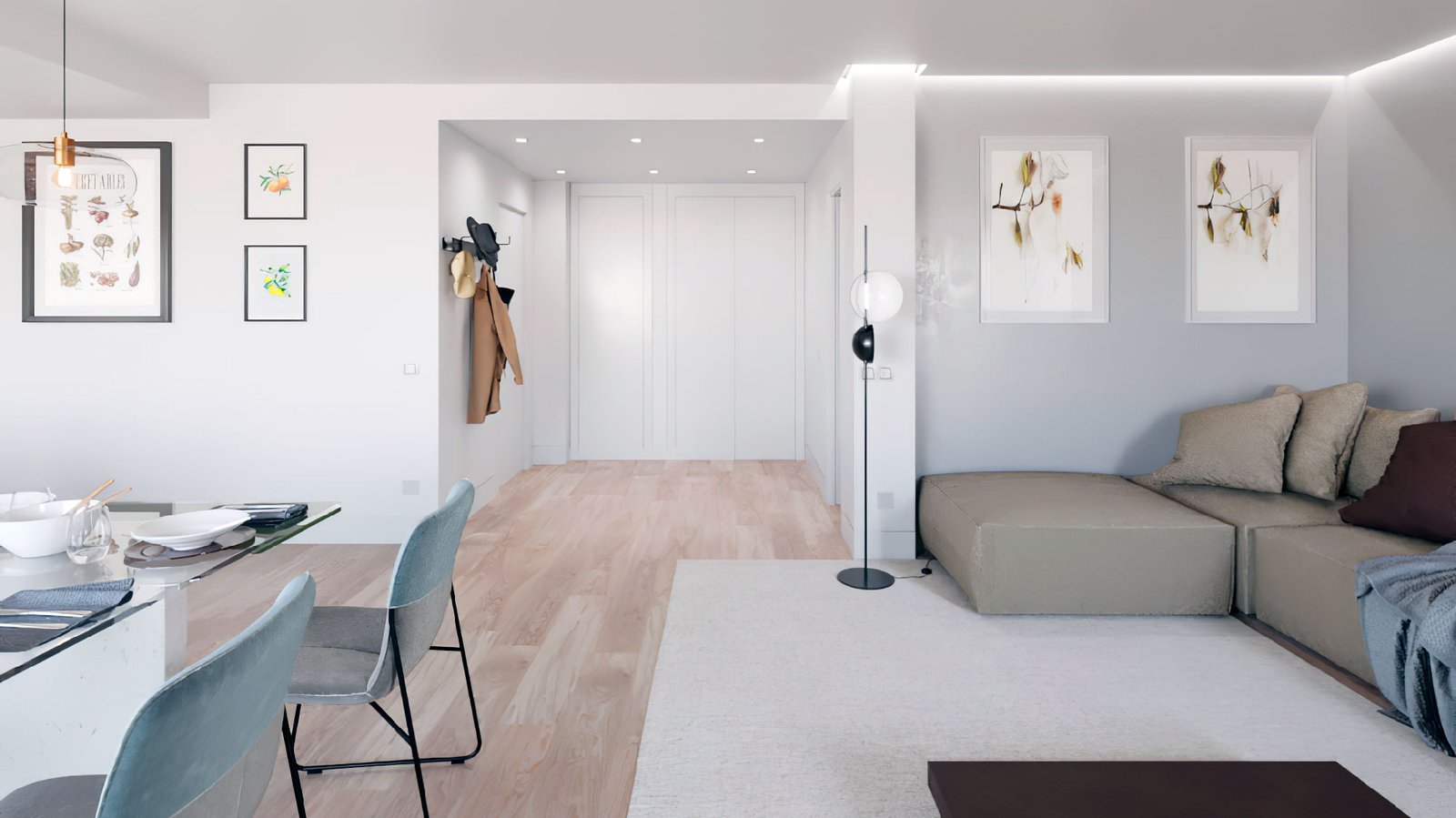 Infografía 3D de un salón con diseño moderno y colores claros