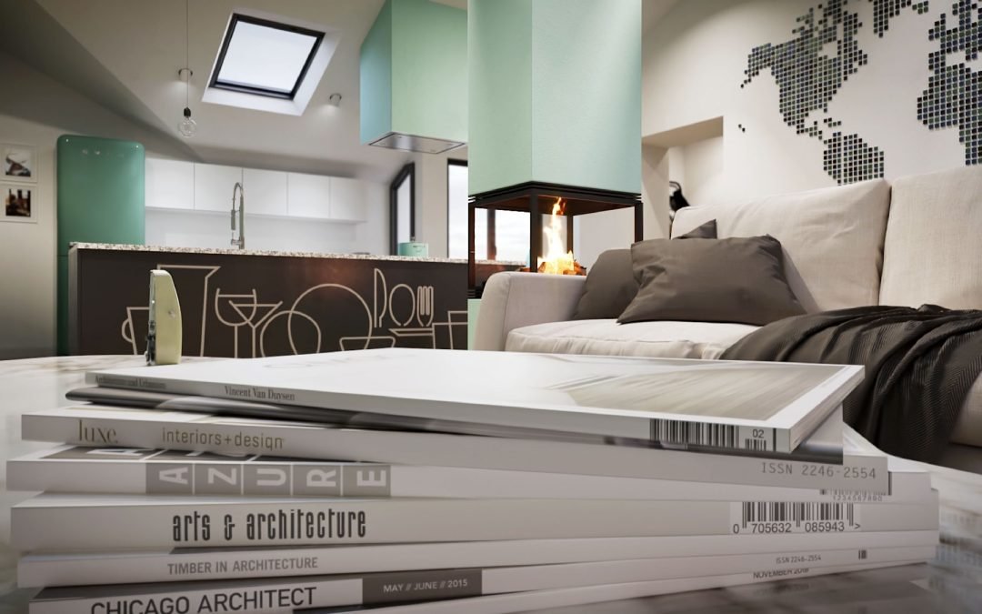 Infografía 3D de un salón con diseño moderno y con una chimenea